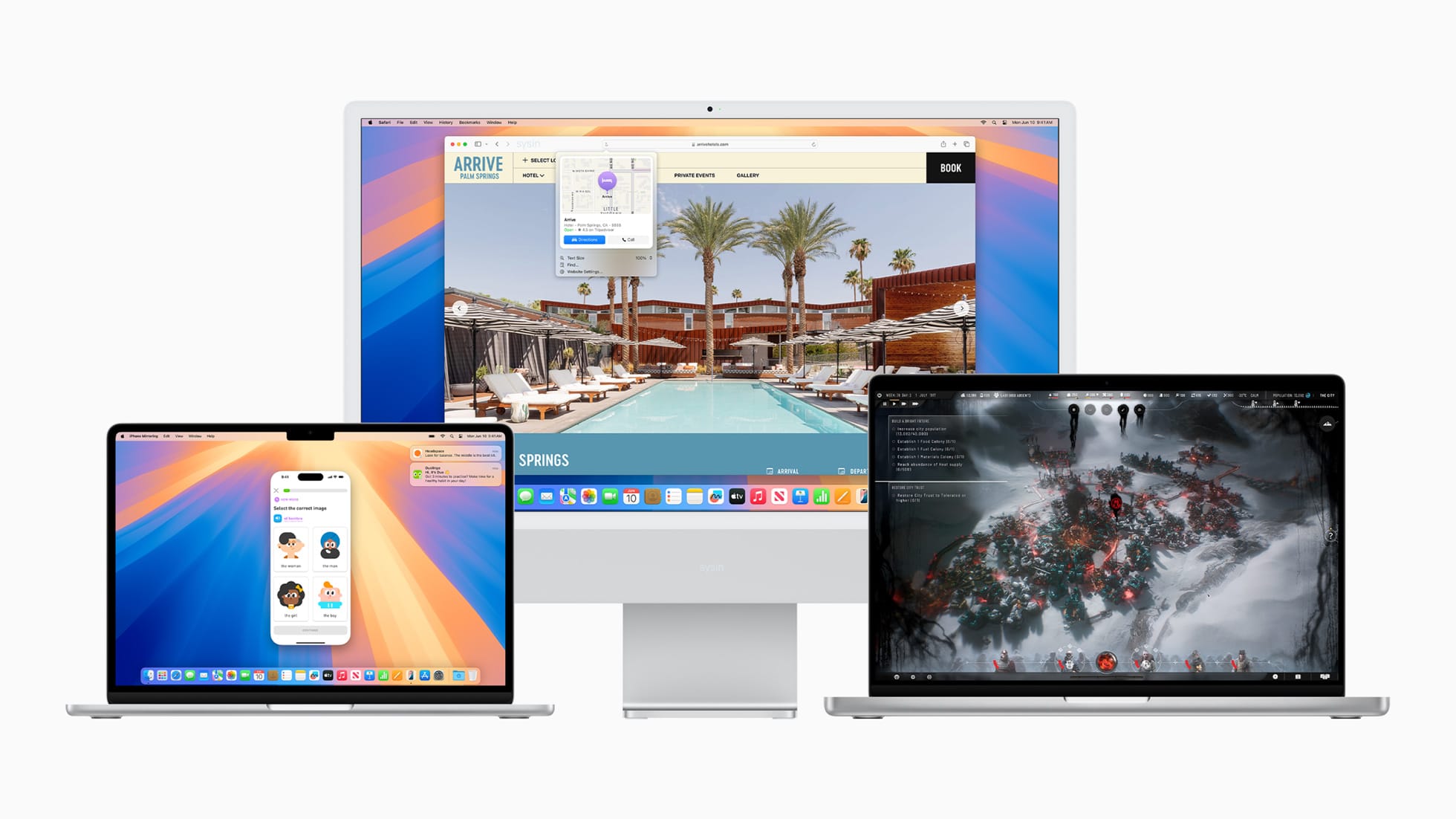 MacBook Pro 展示 iPhone 镜像、Mac 展示 Safari 浏览器中的 Highlights、以及另一台 MacBook Pro 展示沉浸式游戏体验。