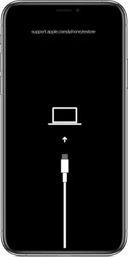 iPhone 显示了恢复模式屏幕,其中包含 support.apple.com/iphone/restore 链接。