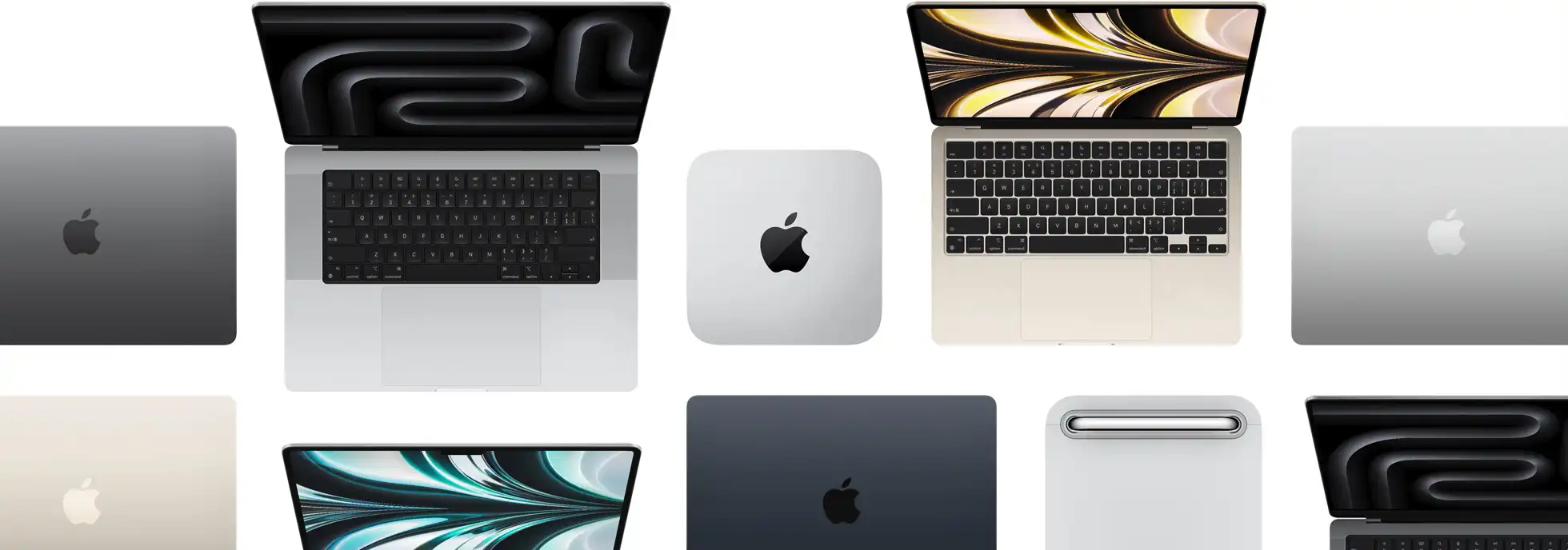 一系列 Mac 机型，展示不同的尺寸和设计。