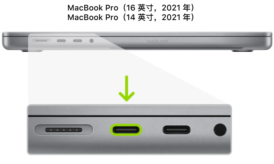 搭载 Apple 芯片的 14 英寸或 16 英寸 MacBook Pro 的左侧，显示靠后的两个雷雳 4 (USB-C) 端口，其中标出了最左侧的端口。