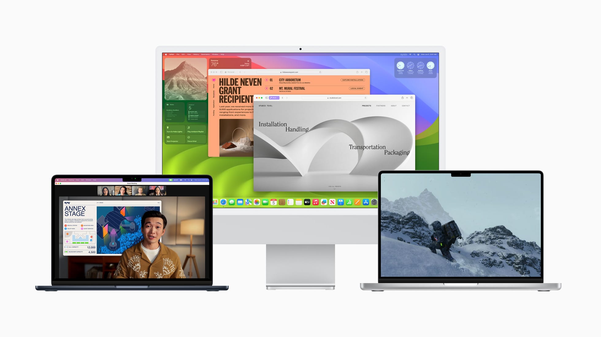 MacBook Air、27 英寸 iMac 和 MacBook Pro 上的 macOS Sonoma。