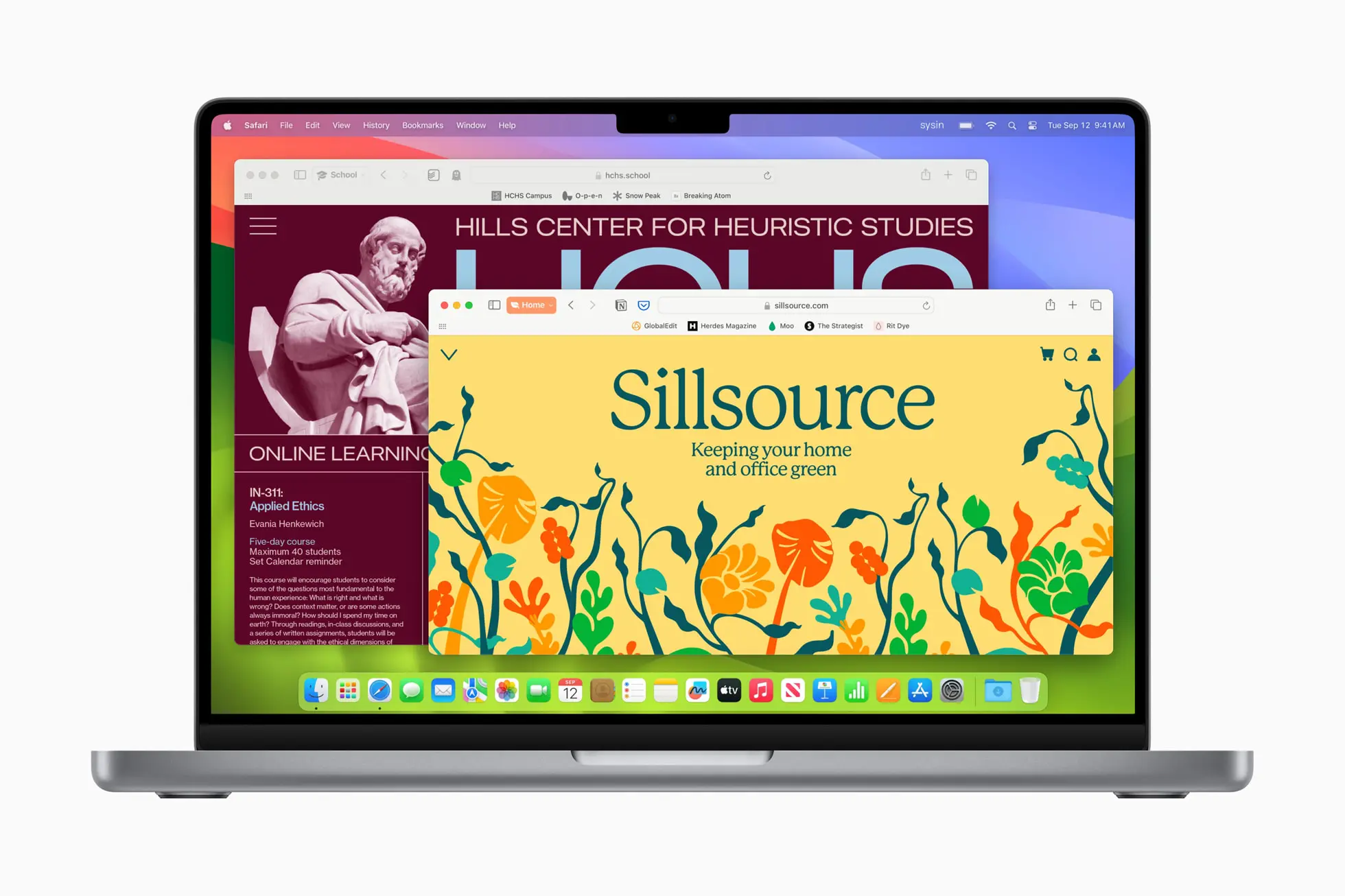 MacBook Pro 显示两个用户场景:一个名为 “学校”,另一个名为 “家庭”。